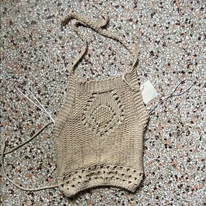 Handcrafted Sparkle Gold Beige Knit Halter Top